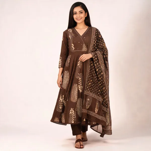 Brown_Cotton_Angrakha_Anarkali_Kurta_Set_With_Dupatta_Heavy_Hand_Work_Ethnic_Wear