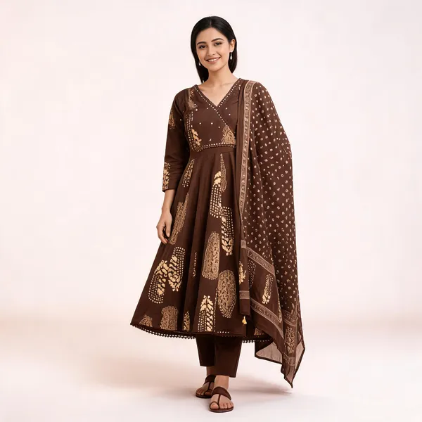 Brown_Cotton_Angrakha_Anarkali_Kurta_Set_With_Dupatta_Heavy_Hand_Work_Ethnic_Wear