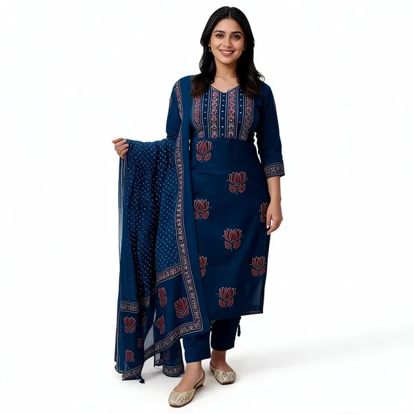 Designer_Mughal_Floral_Cotton_Kurta_Pant_Dupatta_Set_With_Mirror_Handwork_For_Women