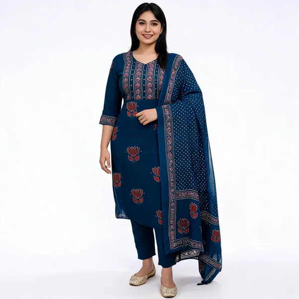 Designer_Mughal_Floral_Cotton_Kurta_Pant_Dupatta_Set_With_Mirror_Handwork_For_Women