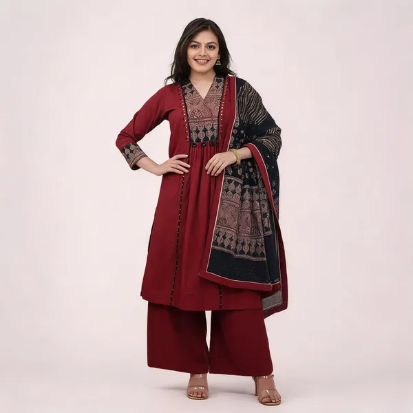 Maroon_Ruhani_Ajrakh_Embroidered_Kurta_Set