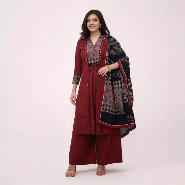 Maroon_Ruhani_Ajrakh_Embroidered_Kurta_Set