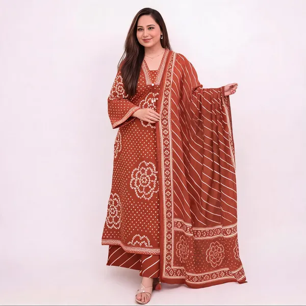 Mehroon_Bandhej_Grace_Kurti_Palazzo_Dupatta_Set