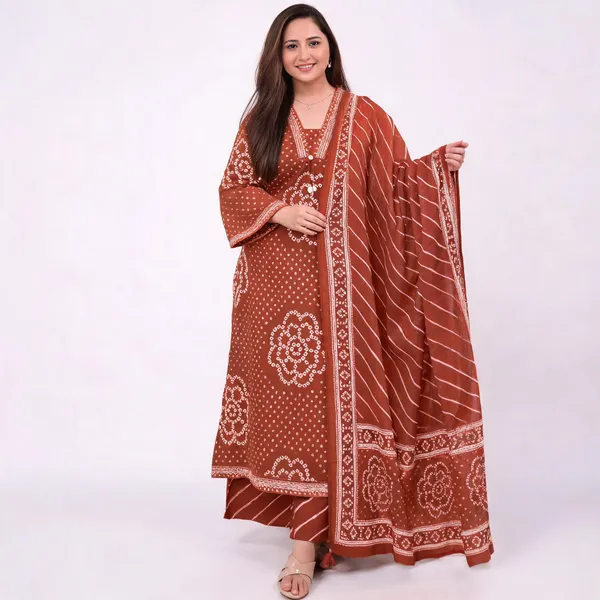Mehroon_Bandhej_Grace_Kurti_Palazzo_Dupatta_Set