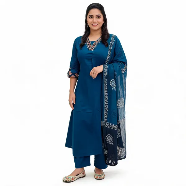 Nri_Blue_V_Neck_Handcrafted_Cotton_Kurti_Set_With_Dupatta