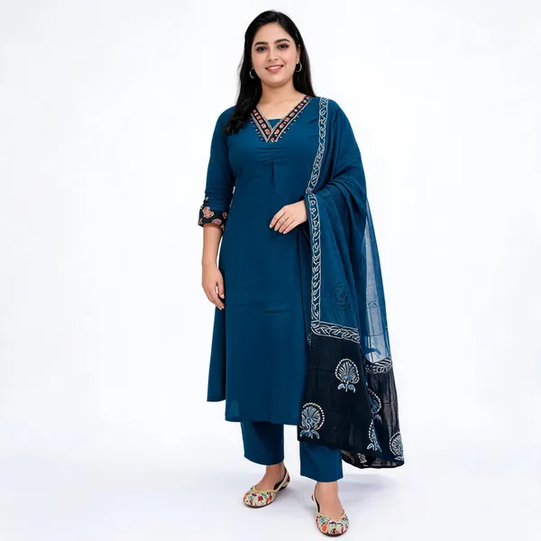Nri_Blue_V_Neck_Handcrafted_Cotton_Kurti_Set_With_Dupatta
