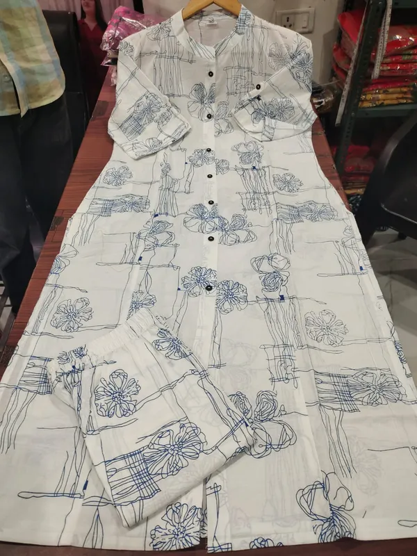 Blue_Sketch_Floral_Cotton_Kurti_Pant_Set