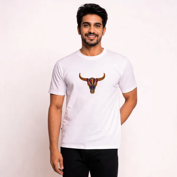 White_Cotton_Regular_Fit_Bull_Skull_Embroidered_T-Shirt_For_Men