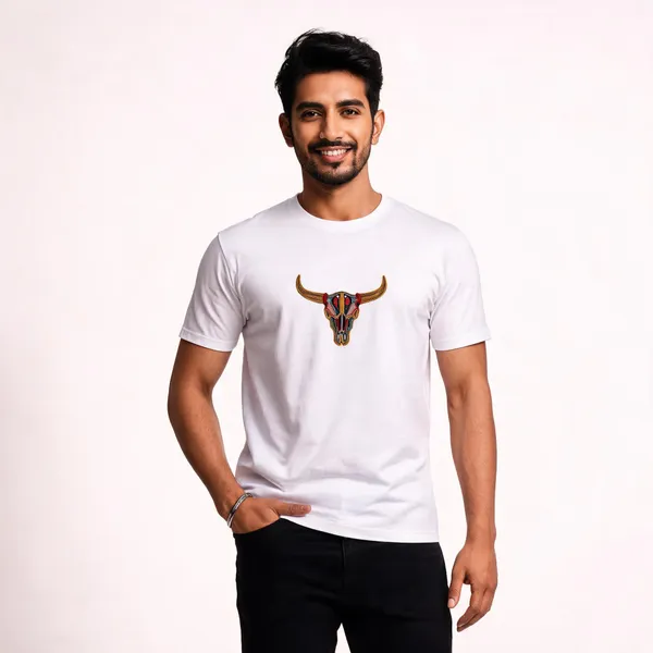 White_Cotton_Regular_Fit_Bull_Skull_Embroidered_T-Shirt_For_Men