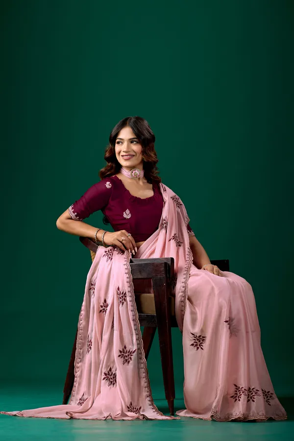 Pink_Floral_Saree_With_Maroon_Blouse_for_Women