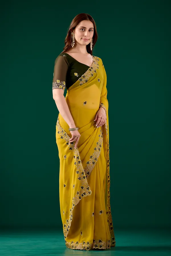 Yellow_Floral_Border_Saree_With_Blouse_For_Women