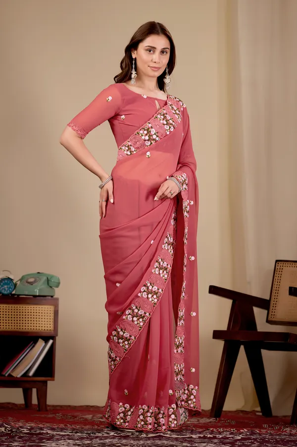 Pink_Georgette_Floral_Embellished_Saree_For_Women