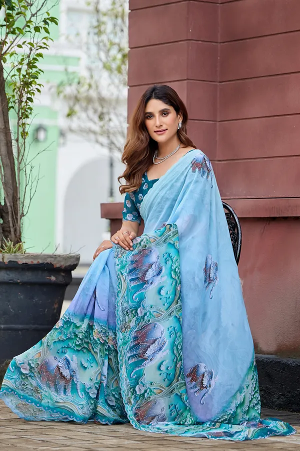 Blue_Floral_Print_Saree_With_Blouse_For_Women