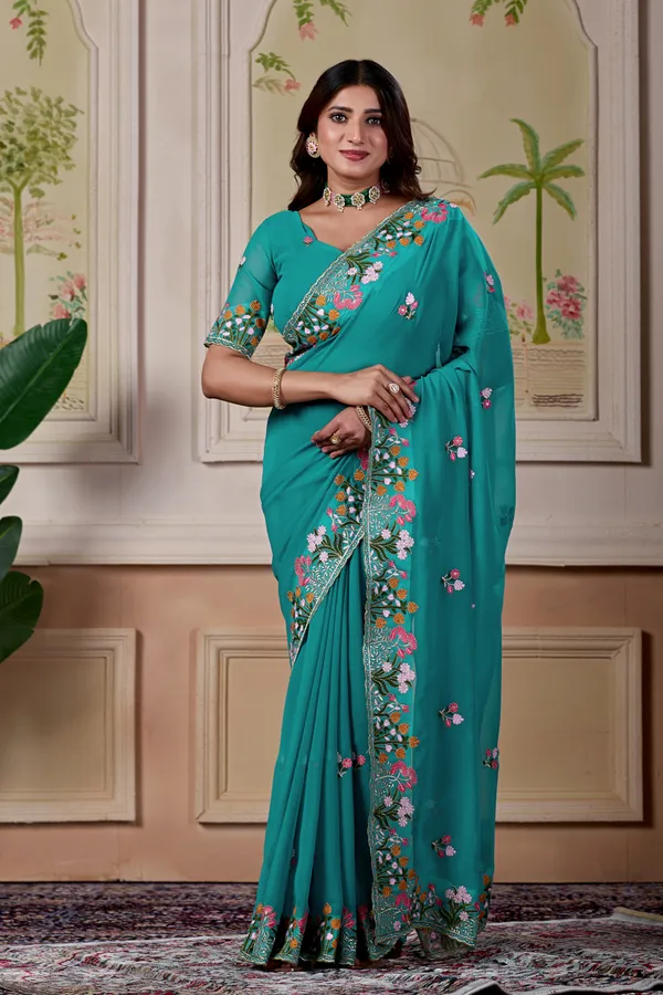 Teal_Floral_Embroidered_Saree_For_Women