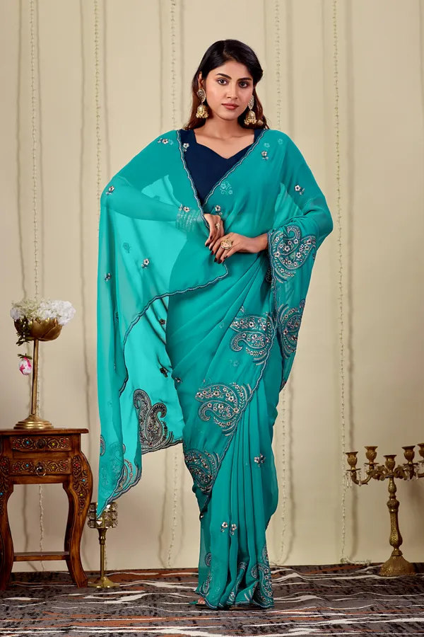 Teal_Embroidered_Saree_With_Blouse_For_Women