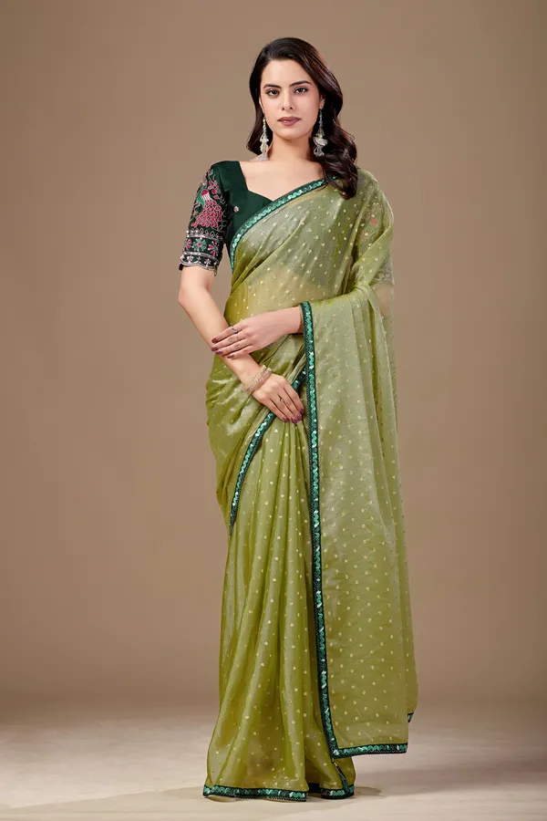 Olive_Sheer_Printed_Saree_With_Embroidered_Blouse_For_Women