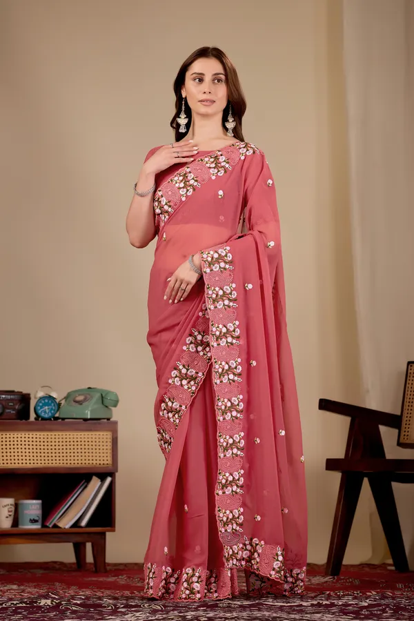 Pink_Georgette_Floral_Embellished_Saree_For_Women