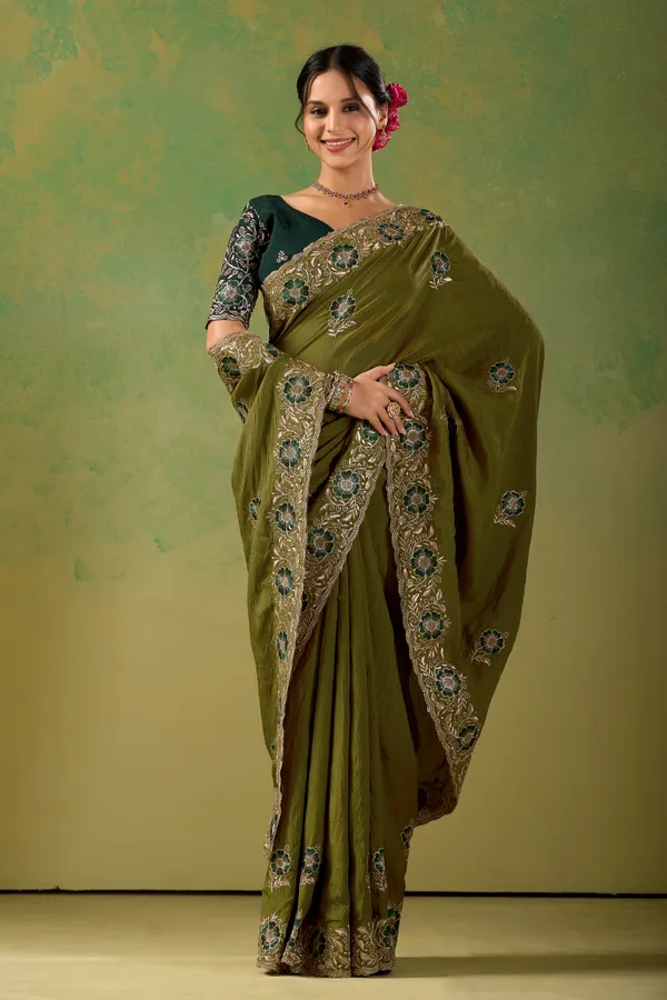 Olive_Green_Embroidered_Saree_For_Women