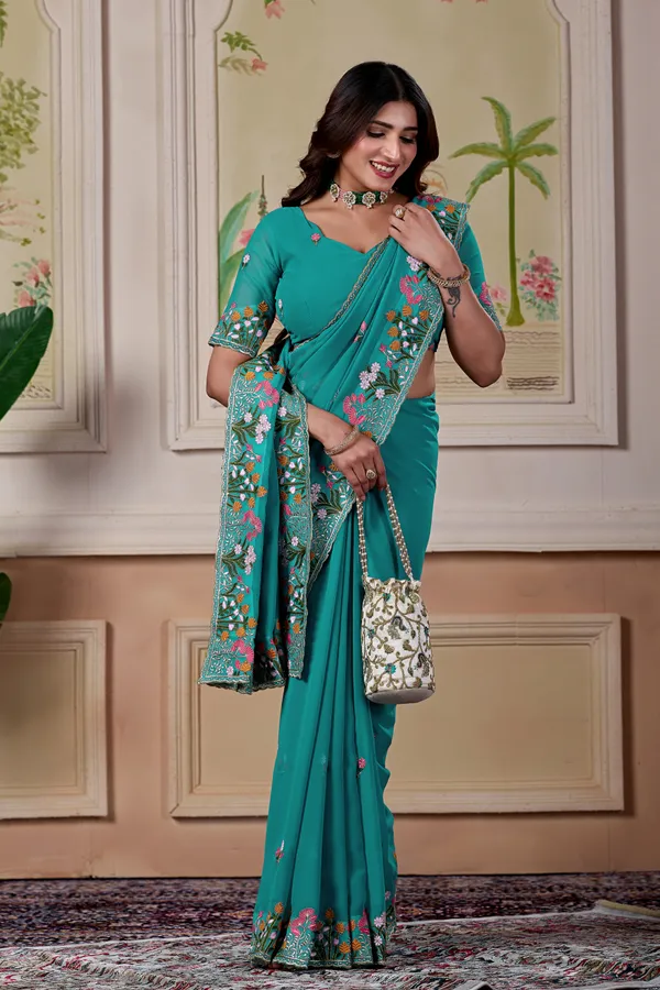 Teal_Floral_Embroidered_Saree_For_Women