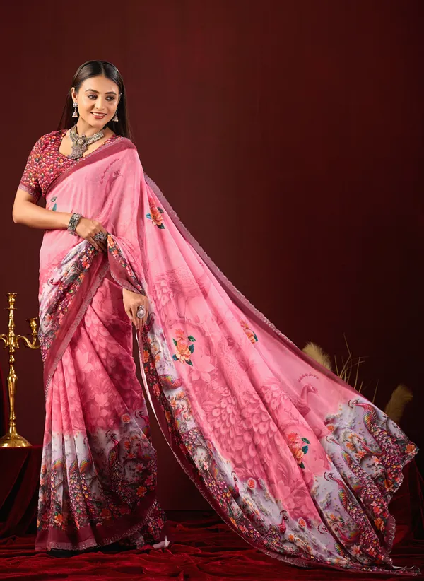 Pink_Georgette_Floral_Peacock_Print_Saree_For_Women