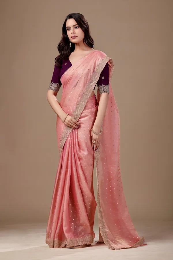 Pink_Chiffon_Dotted_Embellished_Gold_Border_Saree_For_Women