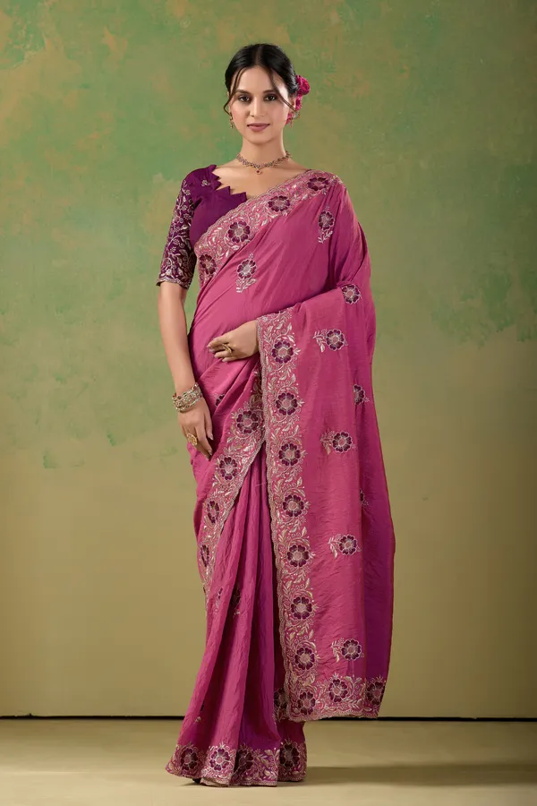 Pink_Embroidered_Saree_With_Wine_Blouse_For_Women