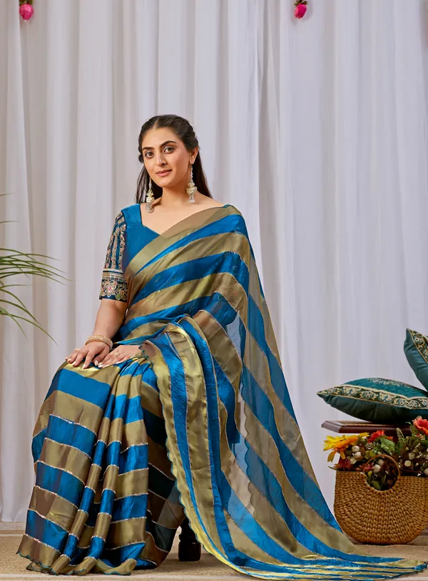 Blue_Gold_Striped_Saree_For_Women