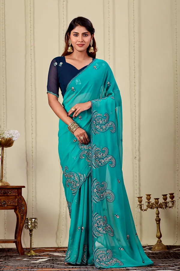 Teal_Embroidered_Saree_With_Blouse_For_Women
