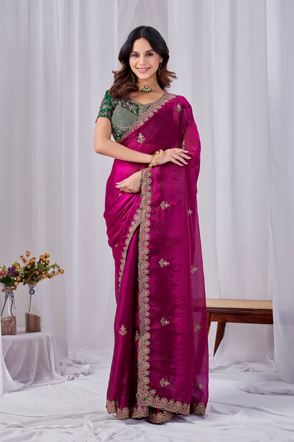 Magenta_Embroidered_Saree_With_Green_Blouse_For_Women