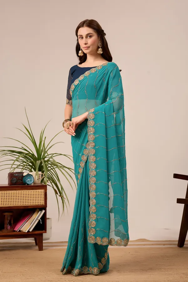 Teal_Georgette_Embellished_Saree_for_Women