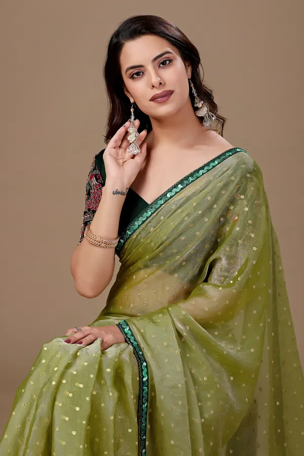 Olive_Sheer_Printed_Saree_With_Embroidered_Blouse_For_Women