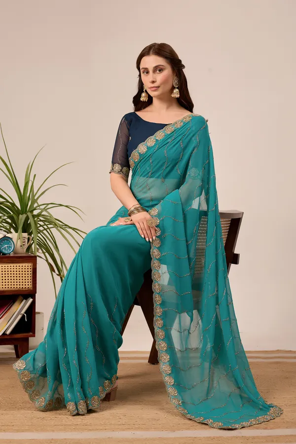 Teal_Georgette_Embellished_Saree_for_Women