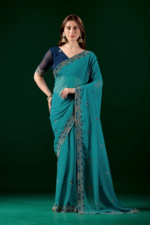 Teal_Embroidered_Saree_With_Blouse_for_Women
