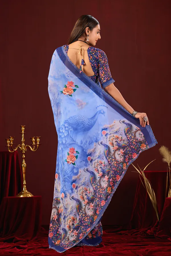 Blue_Georgette_Peacock_Floral_Print_Saree_For_Women