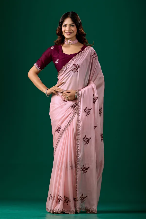 Pink_Floral_Saree_With_Maroon_Blouse_for_Women