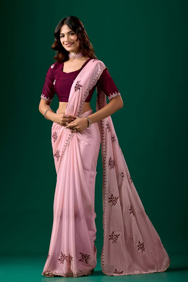 Pink_Floral_Saree_With_Maroon_Blouse_for_Women