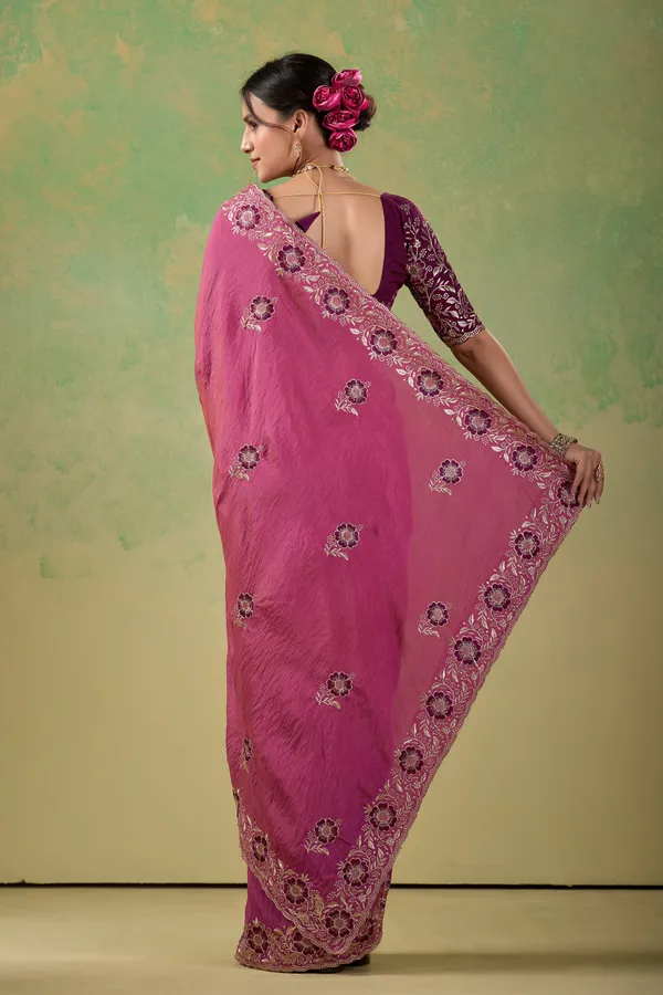 Pink_Embroidered_Saree_With_Wine_Blouse_For_Women