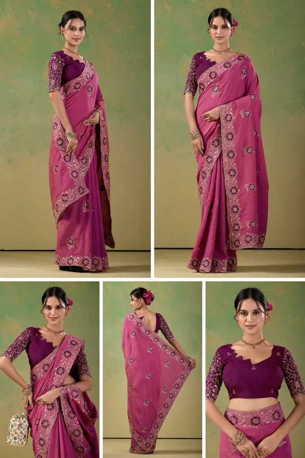 Pink_Embroidered_Saree_With_Wine_Blouse_For_Women