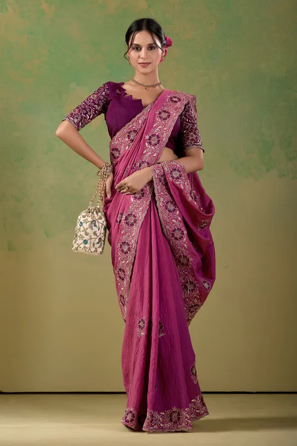 Pink_Embroidered_Saree_With_Wine_Blouse_For_Women