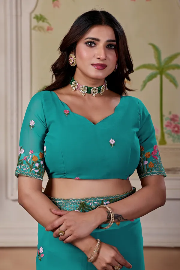 Teal_Floral_Embroidered_Saree_For_Women