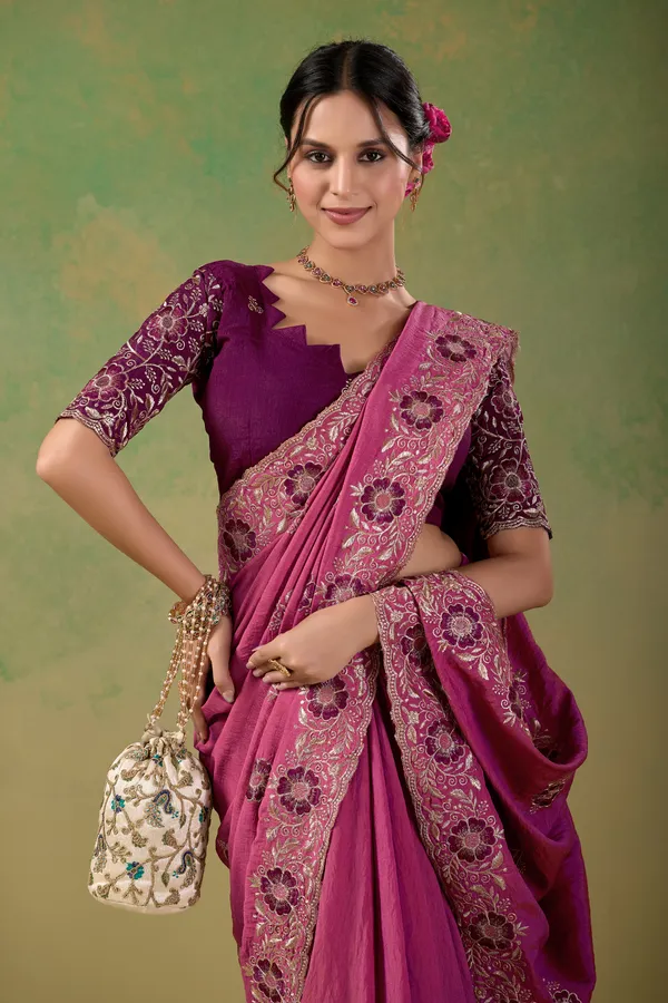 Pink_Embroidered_Saree_With_Wine_Blouse_For_Women