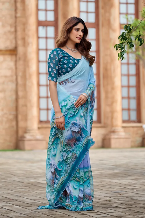 Blue_Floral_Print_Saree_With_Blouse_For_Women