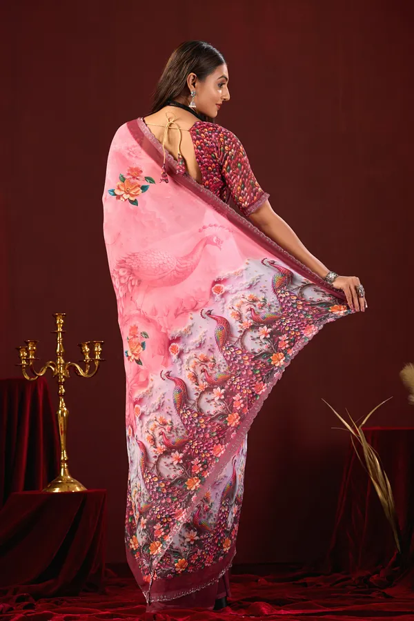 Pink_Georgette_Floral_Peacock_Print_Saree_For_Women