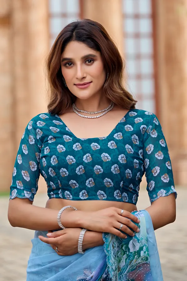 Blue_Floral_Print_Saree_With_Blouse_For_Women