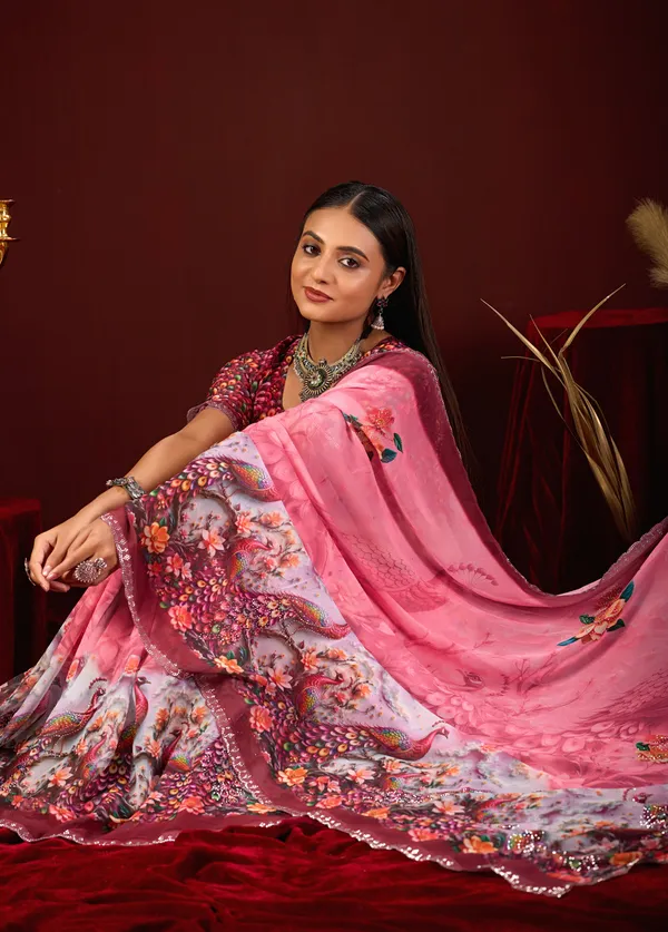 Pink_Georgette_Floral_Peacock_Print_Saree_For_Women