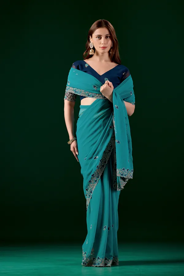 Teal_Embroidered_Saree_With_Blouse_for_Women