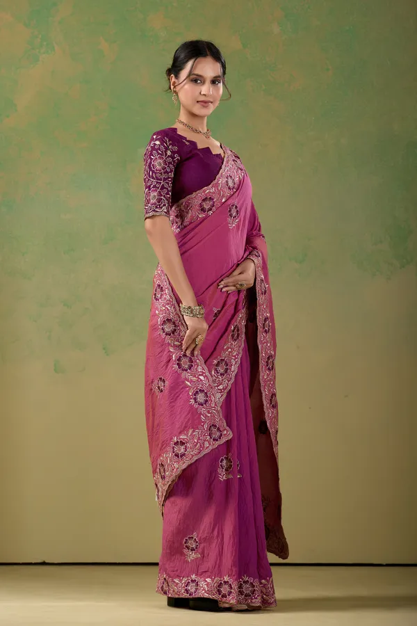 Pink_Embroidered_Saree_With_Wine_Blouse_For_Women