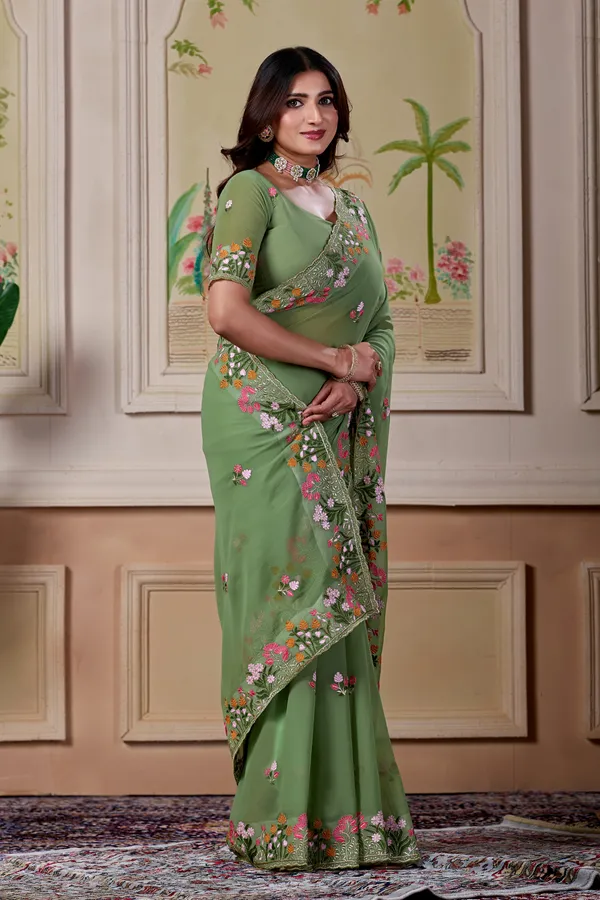 Green_Floral_Embroidered_Saree_For_Women