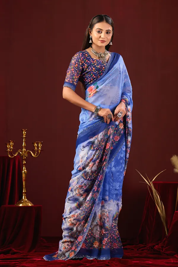 Blue_Georgette_Peacock_Floral_Print_Saree_For_Women