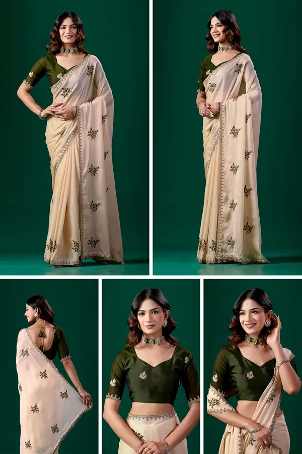 Cream_Floral_Print_Saree_With_Green_Blouse_for_Women